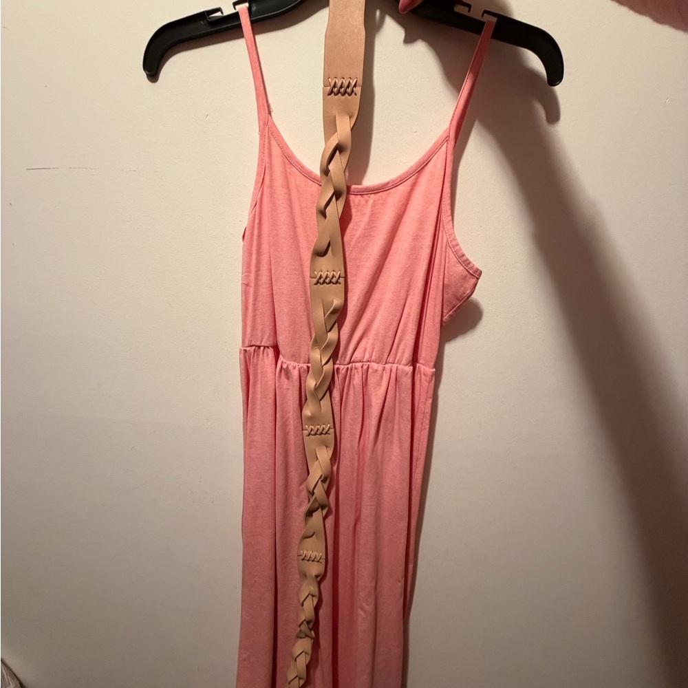 Pink Sleeveless Dress with Tan Chain Belt